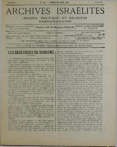 Archives israélites de France. Vol.82 N°25 (23 juin 1921)